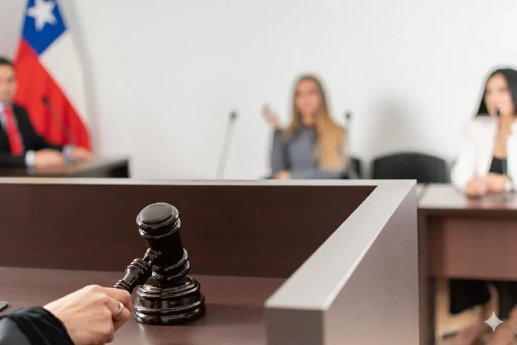 Sala de tribunal con bandera chilena al fondo, contexto de juicios orales y litigación penal estratégica.